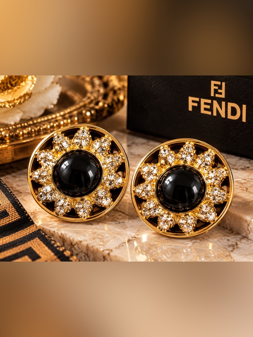 Vintage Fendi Sunburst Clip On Earrings Crystal Black Cabochon Gold Tone 1.5”